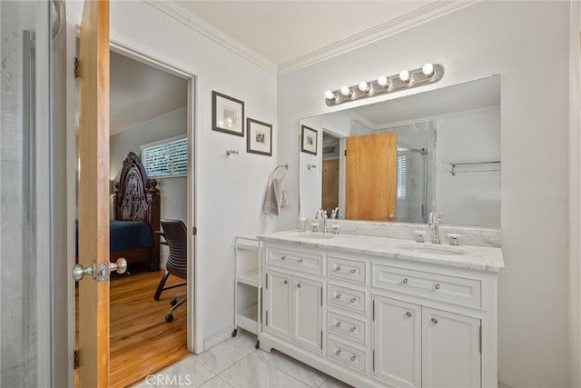 1094 Manzanita Ave, Chico, CA 95926 - full bathroom with double vanity, a stall shower, and crown molding