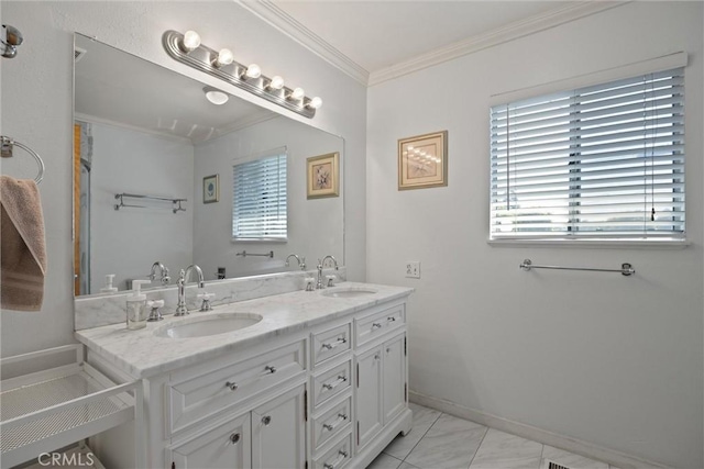 1094 Manzanita Ave, Chico, CA 95926 - bathroom with ornamental molding, double vanity, and marble finish floors