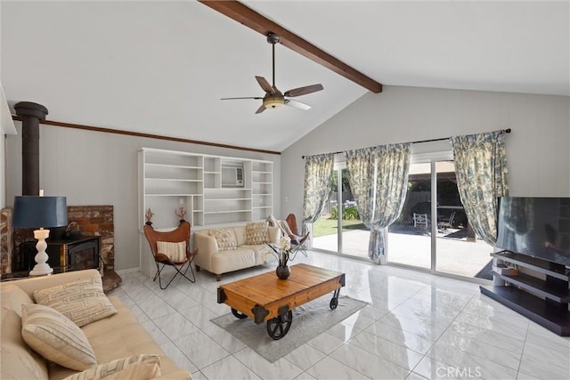 1094 Manzanita Ave, Chico, CA 95926 - living area featuring a wood stove, ceiling fan, and light marble finish floors