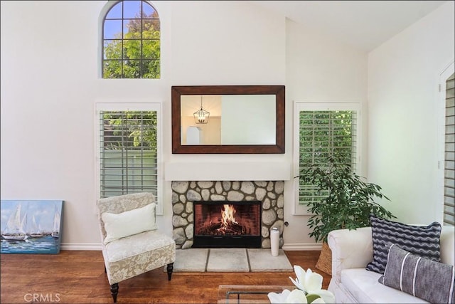3 Blue Heron Ln, Aliso Viejo, CA 92656 - living room with wood finished floors, a fireplace, and high vaulted ceiling