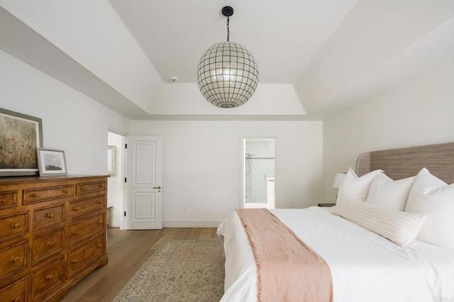 17274 Calle Mayor, Rancho Santa Fe, CA 92067 - bedroom with a tray ceiling, light wood-style floors, and connected bathroom