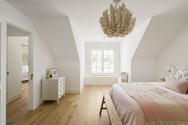 17274 Calle Mayor, Rancho Santa Fe, CA 92067 - bedroom featuring light wood-type flooring, a chandelier, and vaulted ceiling