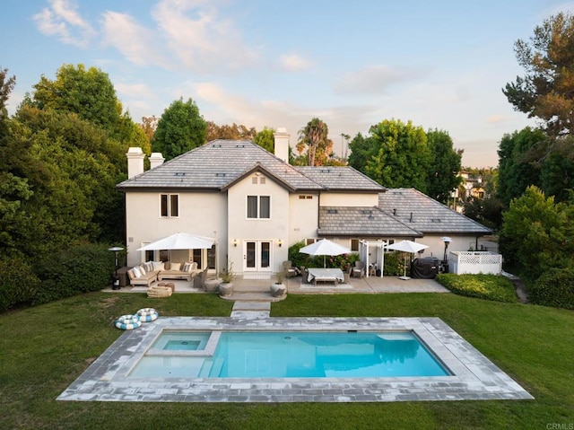 17274 Calle Mayor, Rancho Santa Fe, CA 92067 - back of property featuring an outdoor hangout area, a chimney, stucco siding, and french doors