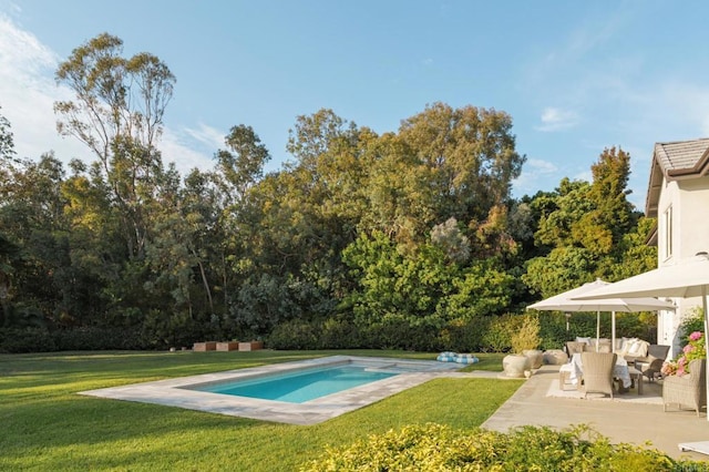 17274 Calle Mayor, Rancho Santa Fe, CA 92067 - outdoor pool featuring an outdoor living space, a patio area, and a lawn