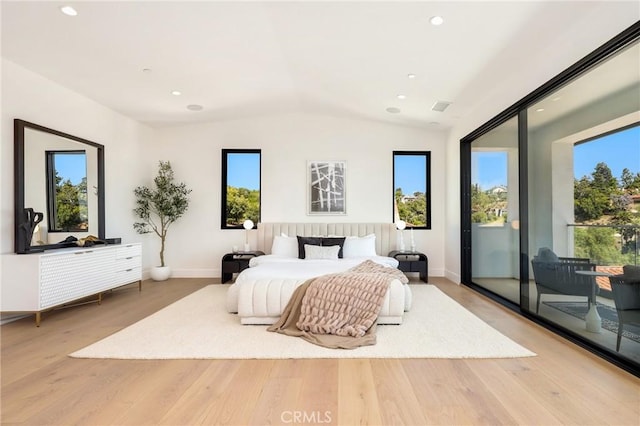 19031 Fowler Ave, North Tustin, CA 92705 - bedroom with access to outside, vaulted ceiling, light wood-style flooring, and recessed lighting