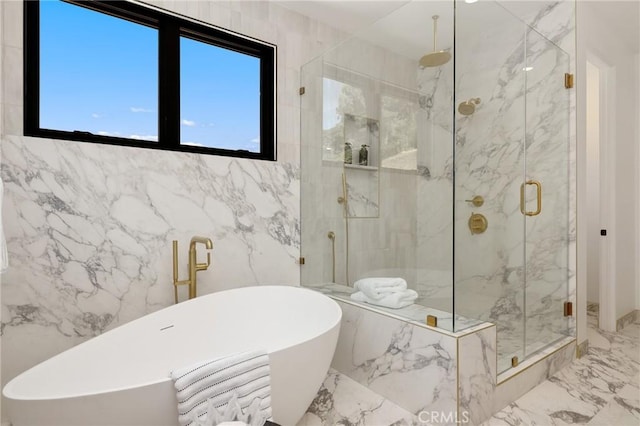 19031 Fowler Ave, North Tustin, CA 92705 - full bath featuring marble tiled flooring, a marble finish shower, a freestanding tub, and tile walls