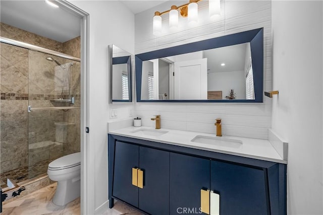 27814 Caraway Ln, Saugus, CA 91350 - full bathroom featuring double vanity, a shower stall, and tasteful backsplash