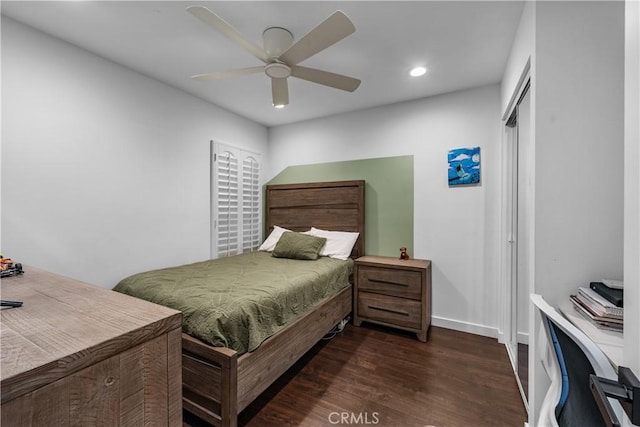 27814 Caraway Ln, Saugus, CA 91350 - bedroom with dark wood finished floors, recessed lighting, a ceiling fan, a closet, and a desk