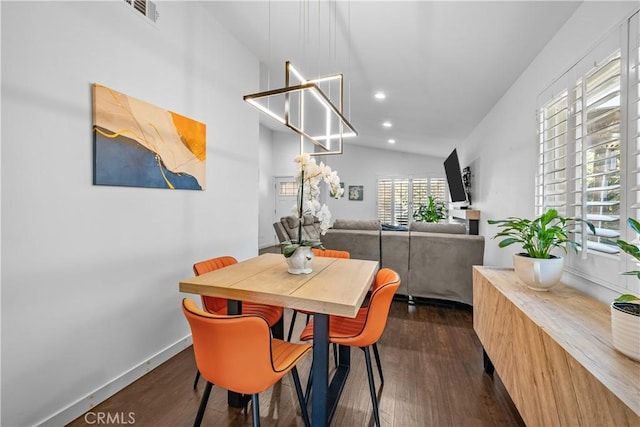 27814 Caraway Ln, Saugus, CA 91350 - dining area featuring dark wood-style floors, lofted ceiling, and recessed lighting