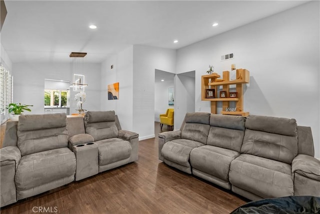 27814 Caraway Ln, Saugus, CA 91350 - living area featuring dark wood-type flooring, recessed lighting, and vaulted ceiling