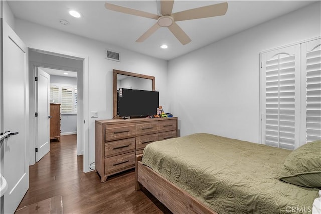 27814 Caraway Ln, Saugus, CA 91350 - bedroom with dark wood-type flooring, recessed lighting, and a ceiling fan