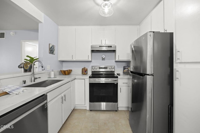 1300 Saratoga Ave Unit 306, Ventura, CA 93003 - kitchen featuring stainless steel appliances, under cabinet range hood, light tile patterned floors, and white cabinetry