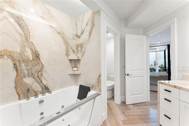 444 Morning Canyon Rd, Corona Del Mar, CA 92625 - full bath featuring a tub with jets, wood finished floors, ensuite bath, and vanity