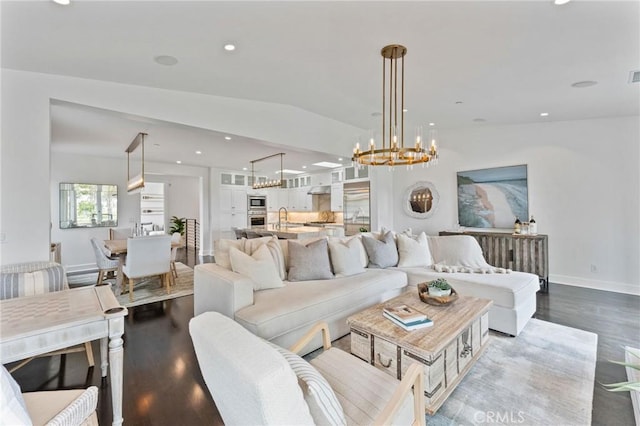 444 Morning Canyon Rd, Corona Del Mar, CA 92625 - living room with dark wood-style floors, a chandelier, and recessed lighting