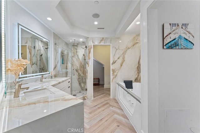 444 Morning Canyon Rd, Corona Del Mar, CA 92625 - full bath with a marble finish shower, a bath, vanity, and recessed lighting