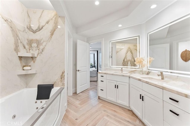 444 Morning Canyon Rd, Corona Del Mar, CA 92625 - ensuite bathroom with double vanity, recessed lighting, and a jetted tub