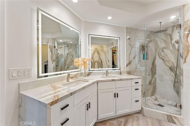 444 Morning Canyon Rd, Corona Del Mar, CA 92625 - bathroom featuring a marble finish shower, double vanity, and recessed lighting