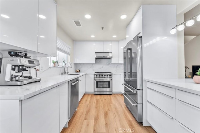 166 Alta St Unit B, Arcadia, CA 91006 - kitchen with high end appliances, under cabinet range hood, modern cabinets, white cabinetry, and recessed lighting
