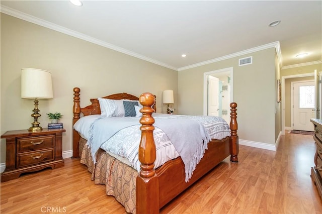 3238 San Amadeo Unit C, Laguna Woods, CA 92637 - bedroom featuring light wood finished floors, ornamental molding, connected bathroom, and recessed lighting