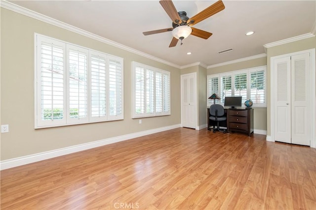 3238 San Amadeo Unit C, Laguna Woods, CA 92637 - office area with ornamental molding, light wood-style floors, a ceiling fan, and recessed lighting
