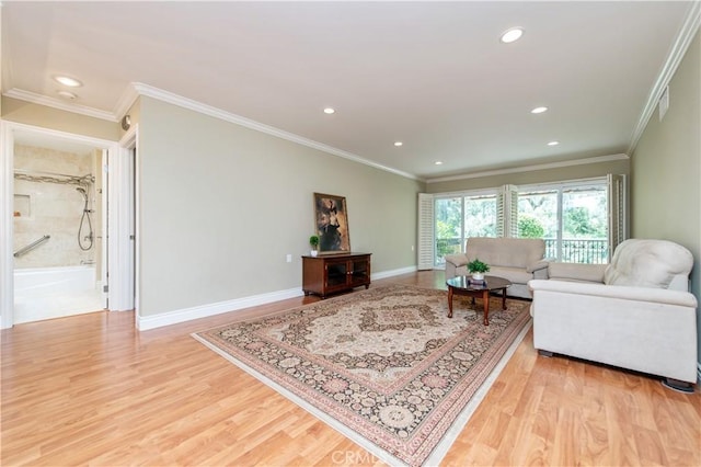 3238 San Amadeo Unit C, Laguna Woods, CA 92637 - living room featuring recessed lighting, light wood finished floors, and ornamental molding