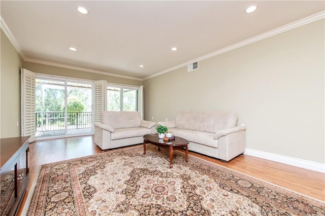 3238 San Amadeo Unit C, Laguna Woods, CA 92637 - living area with wood finished floors, ornamental molding, and recessed lighting