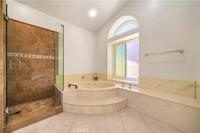 29212 Dean St, Laguna Niguel, CA 92677 - full bath featuring a bath, lofted ceiling, tile patterned floors, and a stall shower
