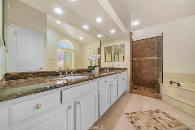 29212 Dean St, Laguna Niguel, CA 92677 - bathroom featuring a stall shower, double vanity, a bath, recessed lighting, and tile patterned flooring