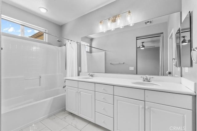 26327 Iris Ave Unit C, Moreno Valley, CA 92555 - full bathroom with shower / bath combination with curtain, double vanity, a ceiling fan, and marble finish floors