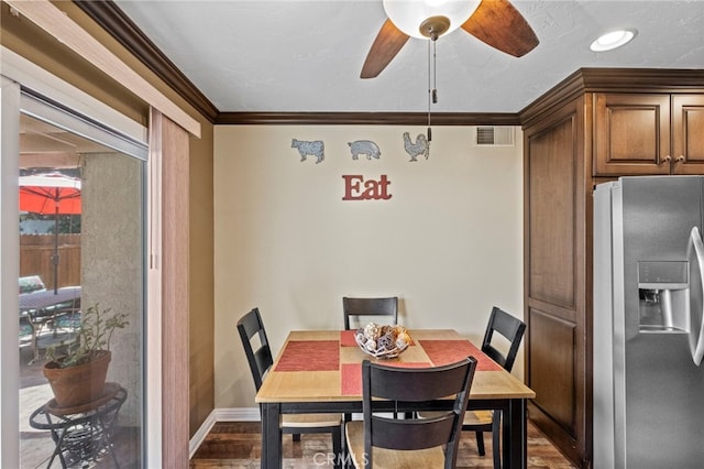 3197 Bexfield Ct, Riverside, CA 92503 - dining area featuring wood finished floors, a ceiling fan, crown molding, and recessed lighting
