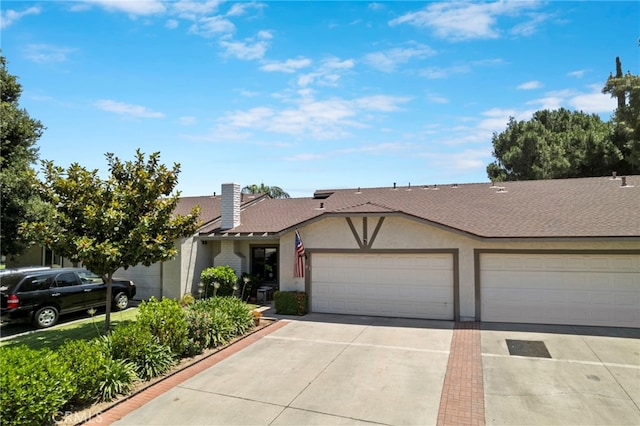 3197 Bexfield Ct, Riverside, CA 92503 - ranch-style home with concrete driveway, a garage, stucco siding, and a chimney