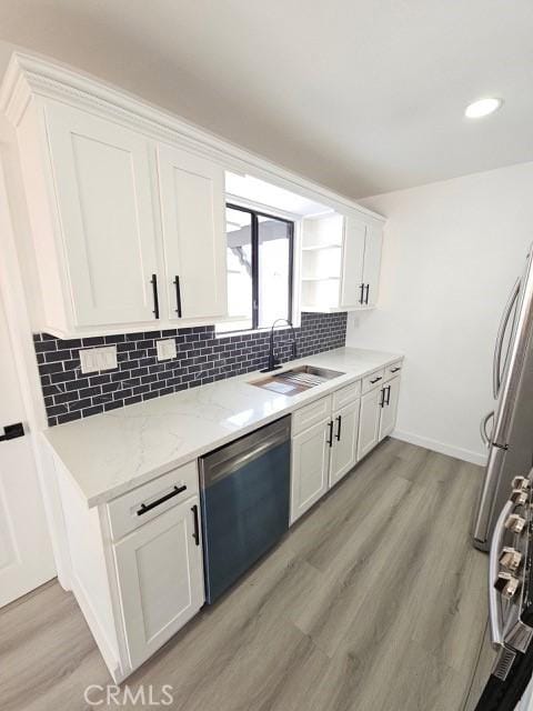 7927 Chastain Pl, Reseda, CA 91335 - kitchen with stainless steel appliances, white cabinets, light wood finished floors, tasteful backsplash, and recessed lighting