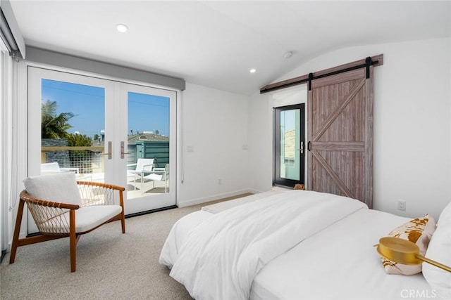 6191/2 Marguerite, Corona Del Mar, CA 92625 - bedroom with access to outside, a barn door, vaulted ceiling, recessed lighting, and light colored carpet