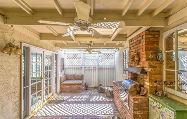 856 Ardmore Cir, Redlands, CA 92374 - unfurnished sunroom with a ceiling fan, french doors, and beamed ceiling