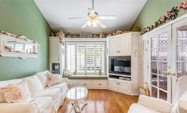 856 Ardmore Cir, Redlands, CA 92374 - living area featuring a ceiling fan, light wood-type flooring, and french doors