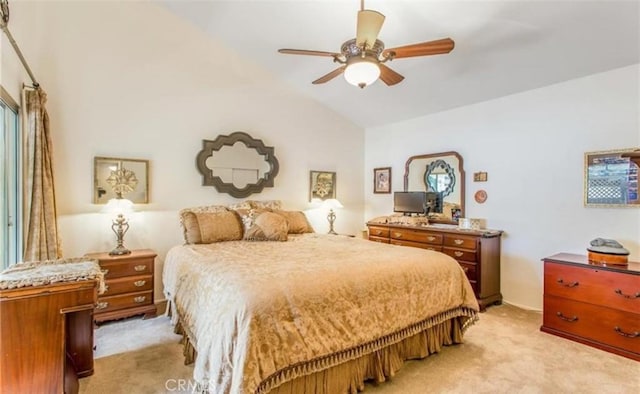856 Ardmore Cir, Redlands, CA 92374 - bedroom featuring light carpet, lofted ceiling, and a ceiling fan
