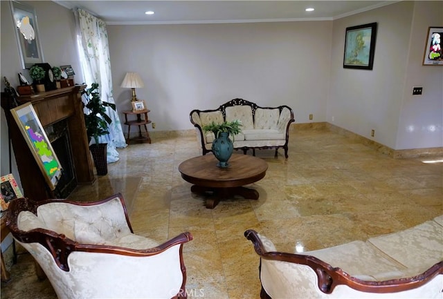 13761 Lomitas Ave, La Puente, CA 91746 - living area with crown molding, recessed lighting, and a fireplace