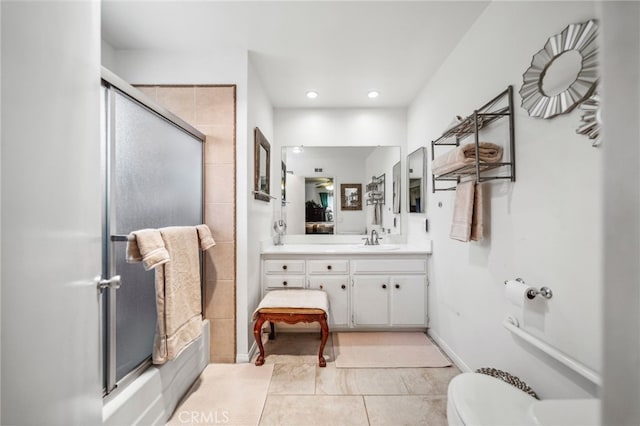 621 Shasta Way, Hemet, CA 92543 - full bath featuring vanity, bath / shower combo with glass door, tile patterned floors, and recessed lighting
