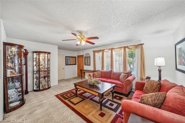 621 Shasta Way, Hemet, CA 92543 - carpeted living area with a ceiling fan and a textured ceiling