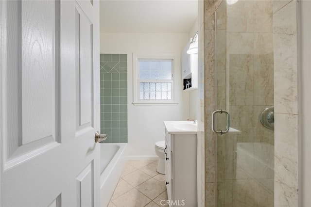 16908 Los Alimos St, Granada Hills, CA 91344 - full bathroom with a shower stall, tile patterned flooring, vanity, and a tub to relax in