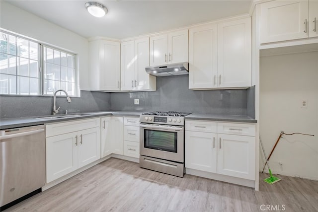 16908 Los Alimos St, Granada Hills, CA 91344 - kitchen featuring appliances with stainless steel finishes, under cabinet range hood, light wood-style flooring, backsplash, and white cabinetry