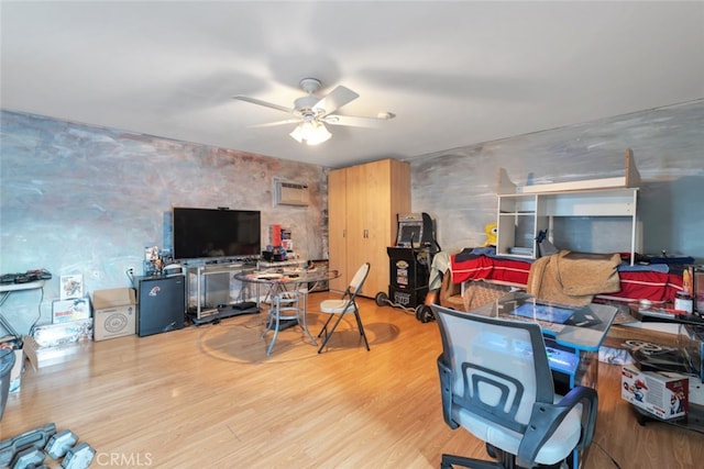 16908 Los Alimos St, Granada Hills, CA 91344 - home office featuring a ceiling fan, wood finished floors, wallpapered walls, and a wall mounted AC