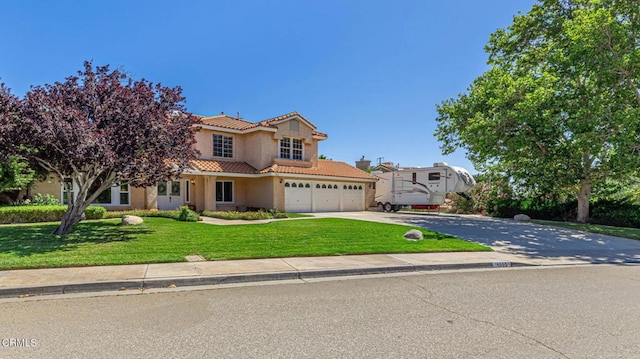 4665 Northridge Dr, Palmdale, CA 93551 - view of front of house featuring a tiled roof, stucco siding, a front lawn, and concrete driveway
