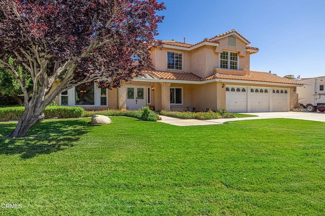4665 Northridge Dr, Palmdale, CA 93551 - mediterranean / spanish house with a tiled roof, driveway, stucco siding, a front lawn, and an attached garage