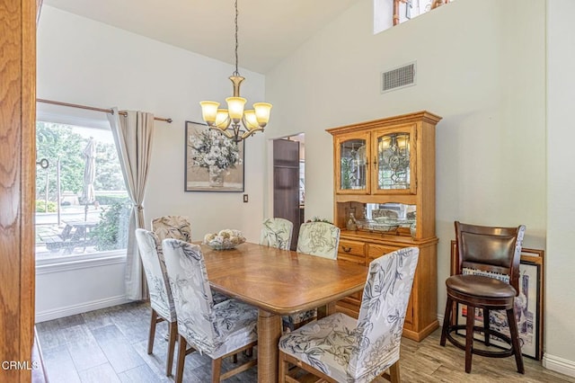 4665 Northridge Dr, Palmdale, CA 93551 - dining area with a chandelier, light wood finished floors, and high vaulted ceiling