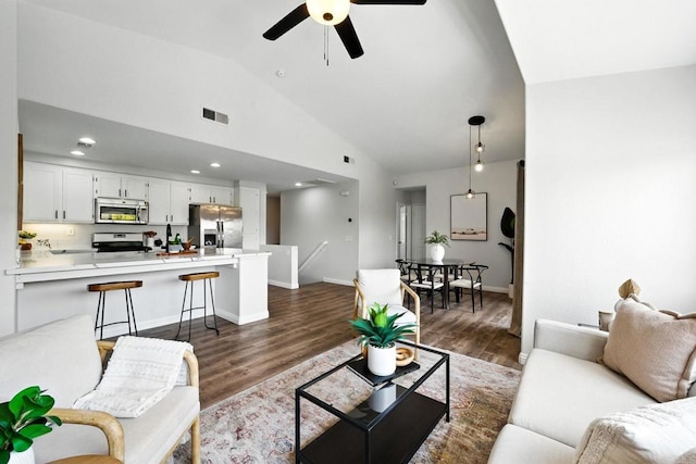 1250 Pinnacle Peak, Chula Vista, CA 91915 - living area with ceiling fan, dark wood-type flooring, and high vaulted ceiling