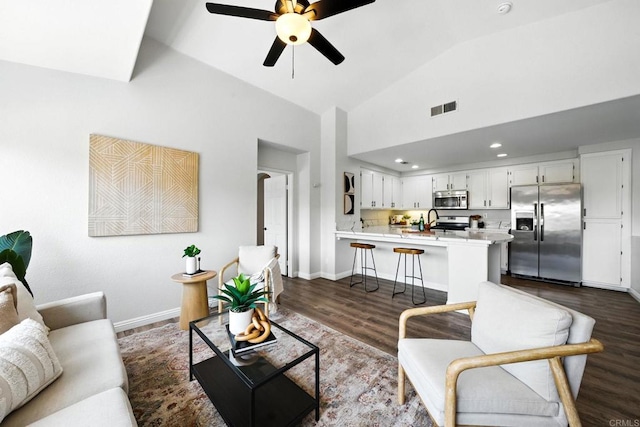 1250 Pinnacle Peak, Chula Vista, CA 91915 - living room with ceiling fan, dark wood-style floors, recessed lighting, and high vaulted ceiling