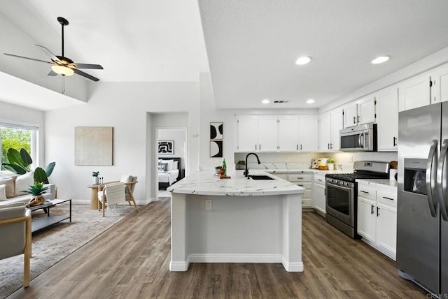 1250 Pinnacle Peak, Chula Vista, CA 91915 - kitchen featuring appliances with stainless steel finishes, a ceiling fan, dark wood-style floors, white cabinetry, and recessed lighting