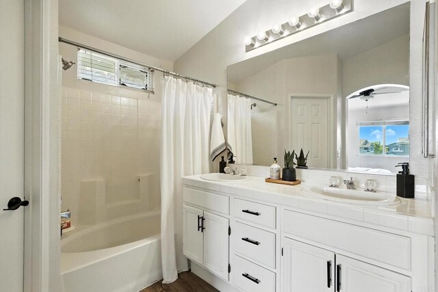 1250 Pinnacle Peak, Chula Vista, CA 91915 - full bath with shower / bath combo with shower curtain, double vanity, and a ceiling fan