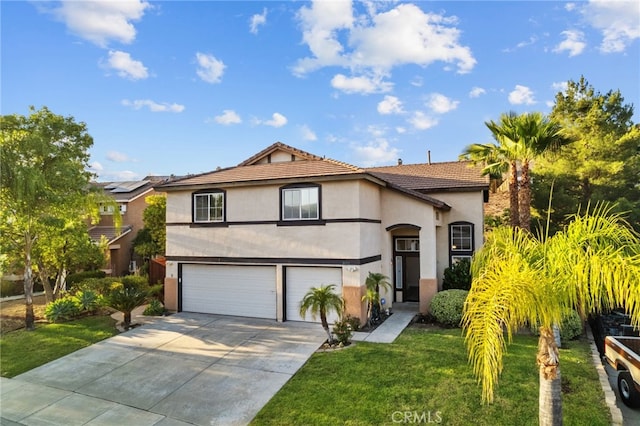 31772 Ridgeview Dr, Lake Elsinore, CA 92532 - view of front of home with concrete driveway, a garage, stucco siding, and a front lawn